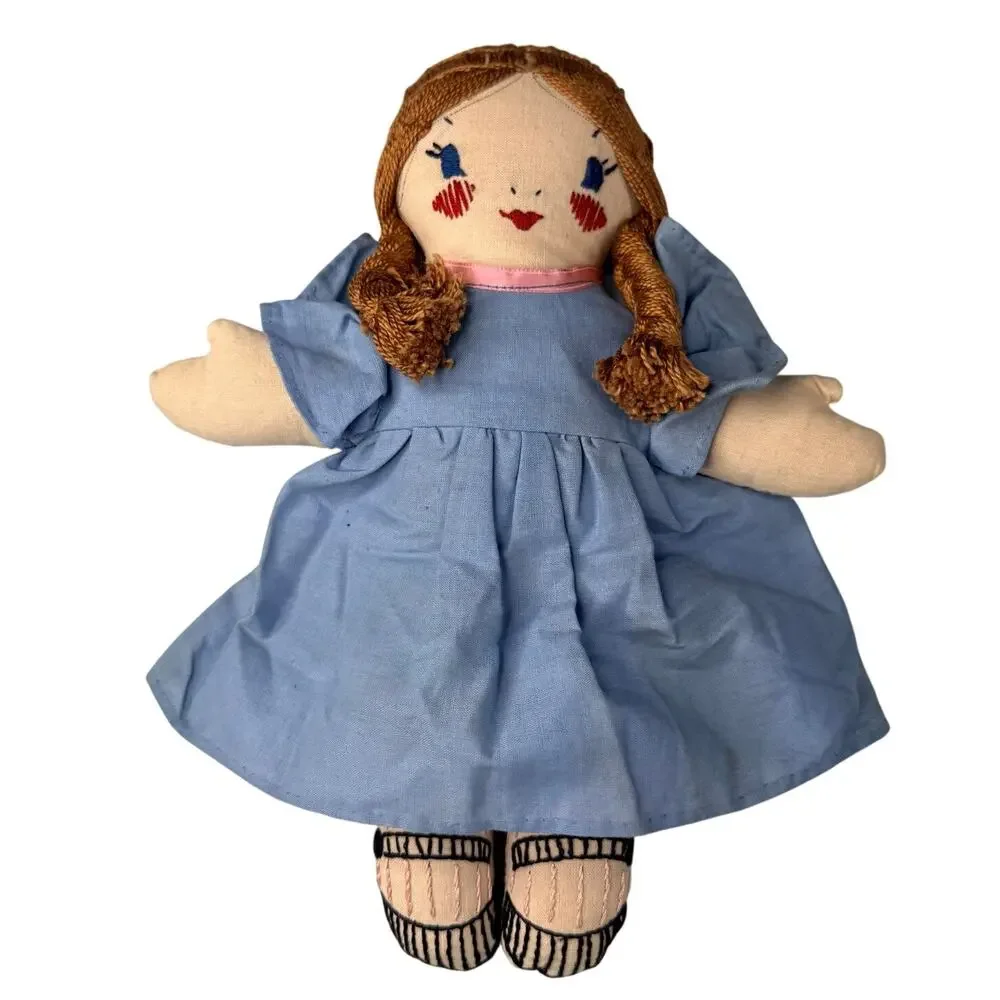 Vintage Handmade Rag Doll Cloth Folk Art Blue Dress Cottagecore Nursery Decor